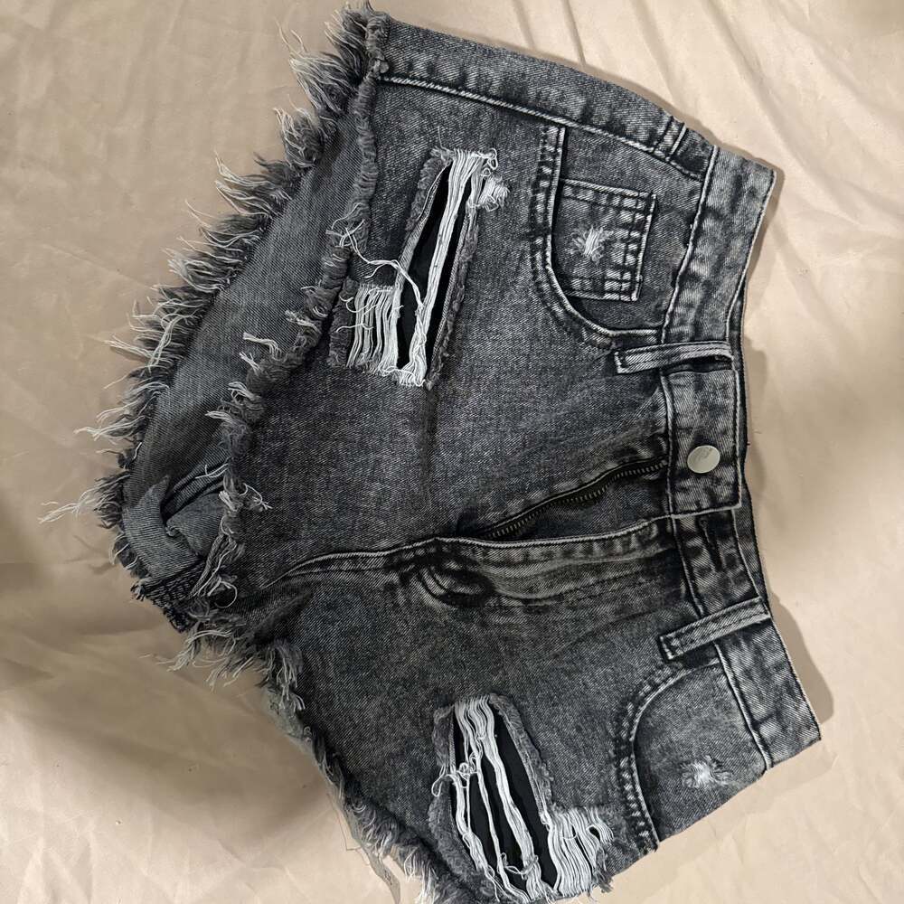 SHEIN Distressed Gray Ripped Raw Hem Denim Shorts size 27